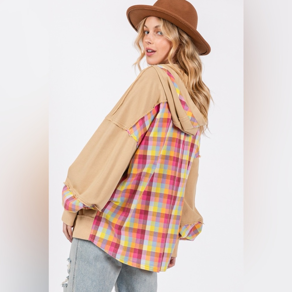 SAGE + FIG Full Size Plaid Print Washed Hoodie